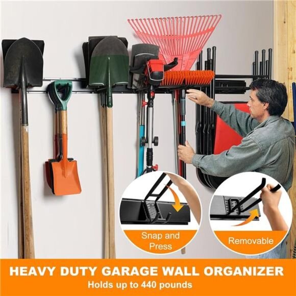 Garage Wall Mount Tool Organizer Heavy Duty Storage Rack for Garden Broom Rake - Picture 3 of 8